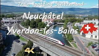 Neuchâtel  YverdonlesBains train spotting  drone 4K [upl. by Eissat523]