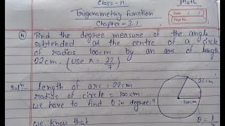 Find the degree measure of the angle subtended at the centre of a circle of radius 100cm by an are [upl. by Mylander]