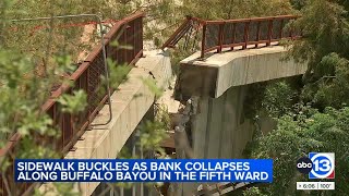 Complexs sidewalk retaining wall buckles next to Buffalo Bayou [upl. by Mella]