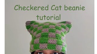 Easy Crochet checkered cat beanie step by step tutorial [upl. by Eronaele]