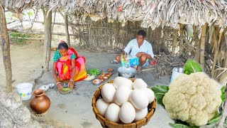 EGG CAULIFLOWER RECIPE and KOLMI SHAK VAJI cooking by our tribe old couple for lunch [upl. by Atul]