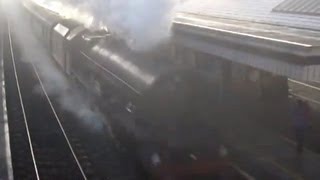 UK LMS 6201 Princess Elizabeth dramatically bursts out of early morning fog at Tilehurst station [upl. by Nalehp418]