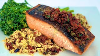 Crispy Skin Salmon with SunDried Tomato Tapenade [upl. by Yllak416]