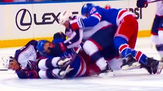 Vincent Trocheck Open Ice Hit on Johnny Gaudreau HUGE FIGHT FULL CLIP Rangers vs Blue Jackets [upl. by Atinihc]