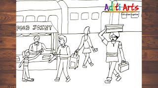 Railway Station Memory Drawing  Train station Drawing  Railway Station Drawing [upl. by Alithia182]