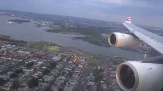 Swiss Airbus A340300  spectacular approach and landing in Newark during sunset [upl. by Bresee409]