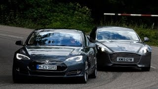 Tesla Model S takes on the Aston Martin Rapide S in the ultimate luxury saloon battle [upl. by Sinai903]