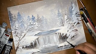 Beautiful Winter Landscape  Acrylic Painting For Beginners  How To Paint A Waterfall  Snow  Art [upl. by Logan]