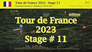 Tour de France 2023 Stage 11 ClermontFerrand  Moulins course route profile animation [upl. by Bisset382]