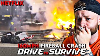 FIRST TIME WATCHING F1  Grosjeans Fireball Crash  DRIVE TO SURVIVE [upl. by Kessiah]