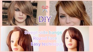 How To Cut swept side bangs  layered bangs round face  frange côté latérale Franja lateral [upl. by Chauncey233]