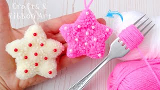 Super Easy Pom Pom Star Making Idea with Fork DIY Woolen Crafts Amazing Star Making Idea with Wool [upl. by Andel663]