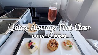 Qatar Airways First Class  Doha to Dubai  Luxury Travel [upl. by Ecnaret]