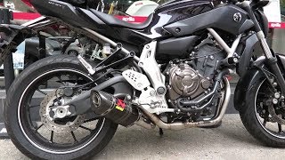 MT07 exhaust sound Akrapovic VS Termignoni VS Mivv VS LeoVince VS Yoshimura VS Arrow VS SCProject [upl. by Trip810]