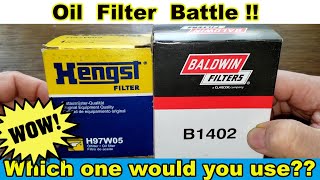 Hengst H97W05 Oil Filter Cut Open vs Baldwin B1402 Oil Filter Cut Open [upl. by Winikka]