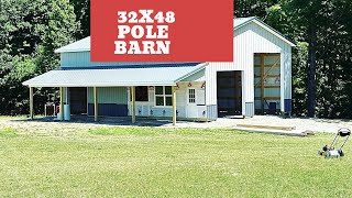 Framing up a 32x48 pole barn building with 10’ Porch  building out 800 lb bar [upl. by Tizes]