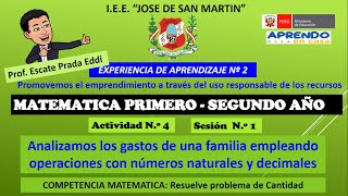 Matemática Experiencia de Aprendizaje 2 Actividad 4 sesión 1 Presupuesto Familiar Escate Prada [upl. by Ahsiken]