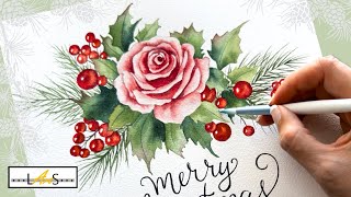 🤩 STUNNING Holiday Painting StepbyStep Guide for Watercolor Christmas Rose Bouquet DecorCard [upl. by Goulden]