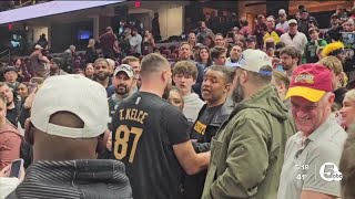 Fans cheer Kelce brothers at Cavaliers soldout bobblehead night [upl. by Gottwald]