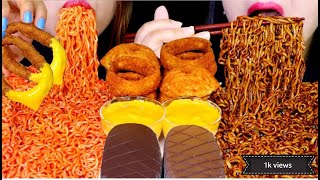 ASMR black bean noodles spicy fire noodles cheesy onion rings chocolate ice cream [upl. by Anailil]