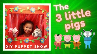 DIY Puppet theatre for kids 3 little pigs and big bad wolf sock puppets  fun puppet show [upl. by Edlitam]