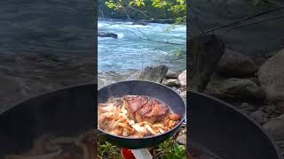 Mastering the Ultimate Steak with Mushrooms amp Onions by the River food wildernesscooking cook [upl. by Placeeda]