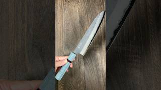 Yoshimi Kato Aogami Super Clad Kurouchi Chefs Gyuto Knife with Stabilized Wood Handle Light Blue [upl. by Noslrac]