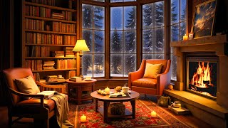 StressFree Winter Cabin Ambience  Cozy Fireplace Warm Jazz amp Snowy for Studying and Reading [upl. by Ennybor710]