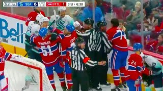 Arber Xhekaj checks Matty Beniers and Jordan Eberle Fight  Kraken vs Canadiens 2024 NHL Highlights [upl. by Ardnahc844]