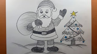 disegno di babbo natale molto facile  come disegnare babbo natale con lalbero di natale matita [upl. by Miett]