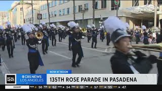 Protesters briefly stop the 135th Rose Parade Monday morning [upl. by Yelrak]