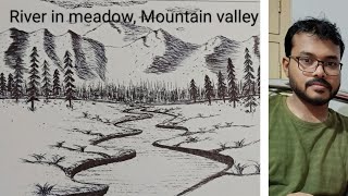 River in meadow Mountain valley drawing​ trending​ ytviral​ art​ valley​ scenery​ sketch​ [upl. by Zia]