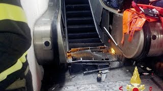 Escalator accident in Rome subway station injures soccer fans [upl. by Ahsiea364]