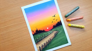 Oil Pastel Sunset Scenery Painting for Beginners  PATHWAY IN SUNSET  Easy Oil Pastel Drawing [upl. by Adnovad]