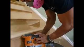 Sanding hardwood floor Stairs steps with the orbital sander [upl. by Nilahs]