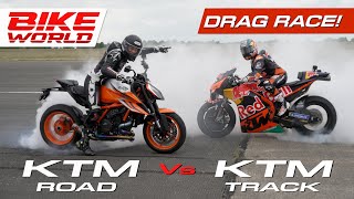 Carwow Drag Race  KTM MotoGP bike vs KTM Super Duke R Evo vs Porsche 911 Turbo S [upl. by Esmond]