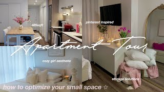 FURNISHED APARTMENT TOUR 485sqft 🎀🪞 how to decorate amp organize small space pinterest inspired [upl. by Hairacaz]