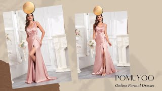 POMUYOO  Dreamy V Neck Sleeveless Ruched Satin Formal Dresses [upl. by Rosy]