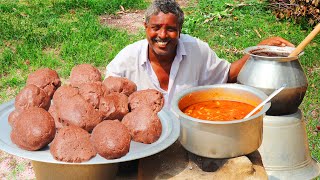 RAGI KALI with MUTTON GRAVY  Traditional Healthy Ragi Kali Recipe  Ragi Mudde Village Food [upl. by Ominorej340]