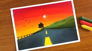 Easy Oil Pastel Sunset Road Landscape Painting for beginners  Oil Pastel Drawing [upl. by Assetak]