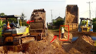 The Bulldozer Komatsu D41P 2024 was pushing the soil during the dump truck unloading amazingly [upl. by Hayne]