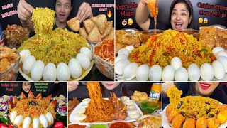 ASMR EATING VEGETABLE MAGGI NOODLES BOILED EGGS AND CHICKEN CHEESE CREPE WRAPS SPICY EXTRA GRAVY [upl. by Hecker149]