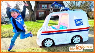 Delivering Toys and Chainsaw with Power Wheels Mail Truck Educational how the USPS works  Kid Crew [upl. by Freiman]