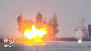 Watch Houthis Sink GreekOwned Vessel in the Red Sea  WSJ News [upl. by Ishmael189]