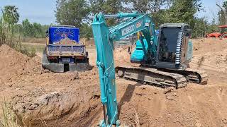 รีวิวรถขุด kobelco sk140lc11 งานปากบ่อทีมงานต้นไทยเจริญแกะป้ายแดงมา5000ชมexcavator and truck [upl. by Aneehsal]