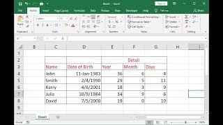 How to Calculate Age from Date of Birth in MS Excel Year Month Day [upl. by Lilias]