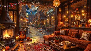 Calm Autumn Jazz Ambience at a Cozy Roadside Coffee🍂 Smooth Jazz Music amp Fireplace Sounds for Relax [upl. by Hijoung]