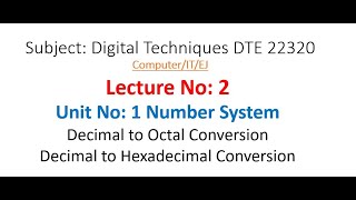 DTE Lecture02  Decimal to Octal  Decimal to Hexadecimal  Digital Techniques 22320  MSBTE [upl. by Refinnaj]