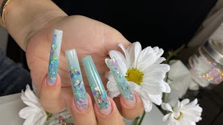 Uñas Acrílicas Largas  MariposasFlores y Glitter  Tapered Long Nails [upl. by Justino]