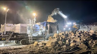 late night crushing with jonsson 1208 mobile jaw crusher Volvo ec530el excavator [upl. by Mavra]